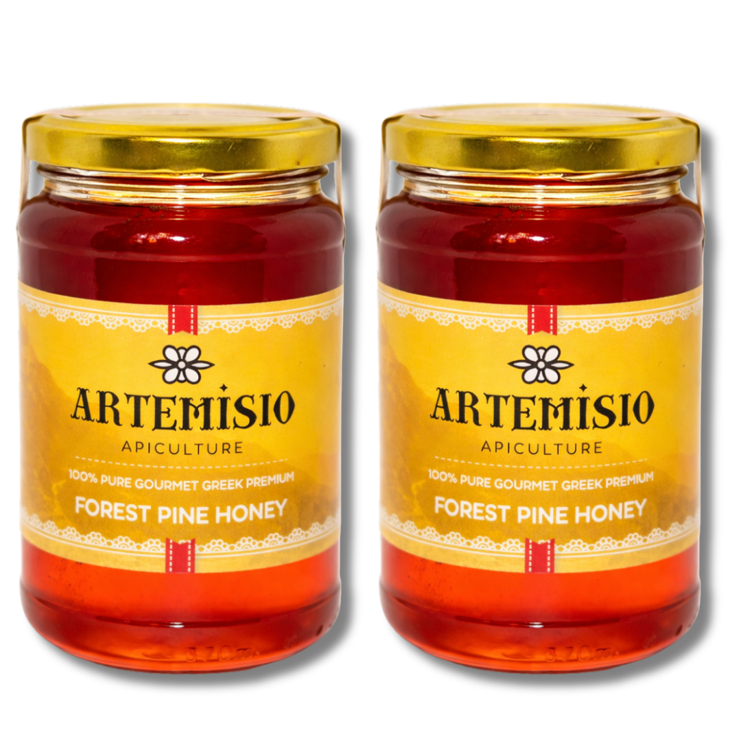 Two jars of Artemisio Forest Pine Honey on a white background