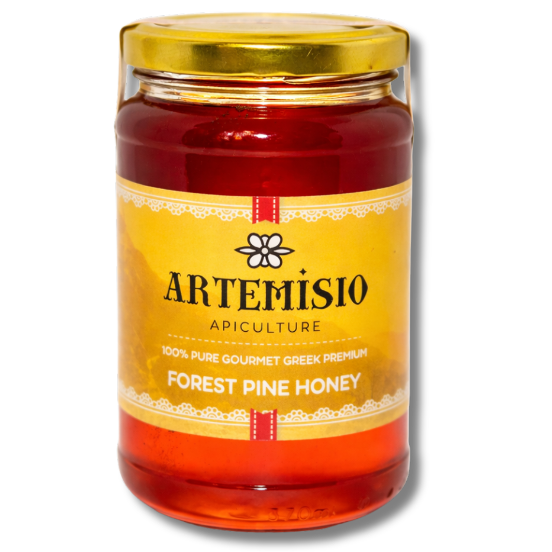 Jar of Artemisio Forest Pine Honey with a gold lid on a white background