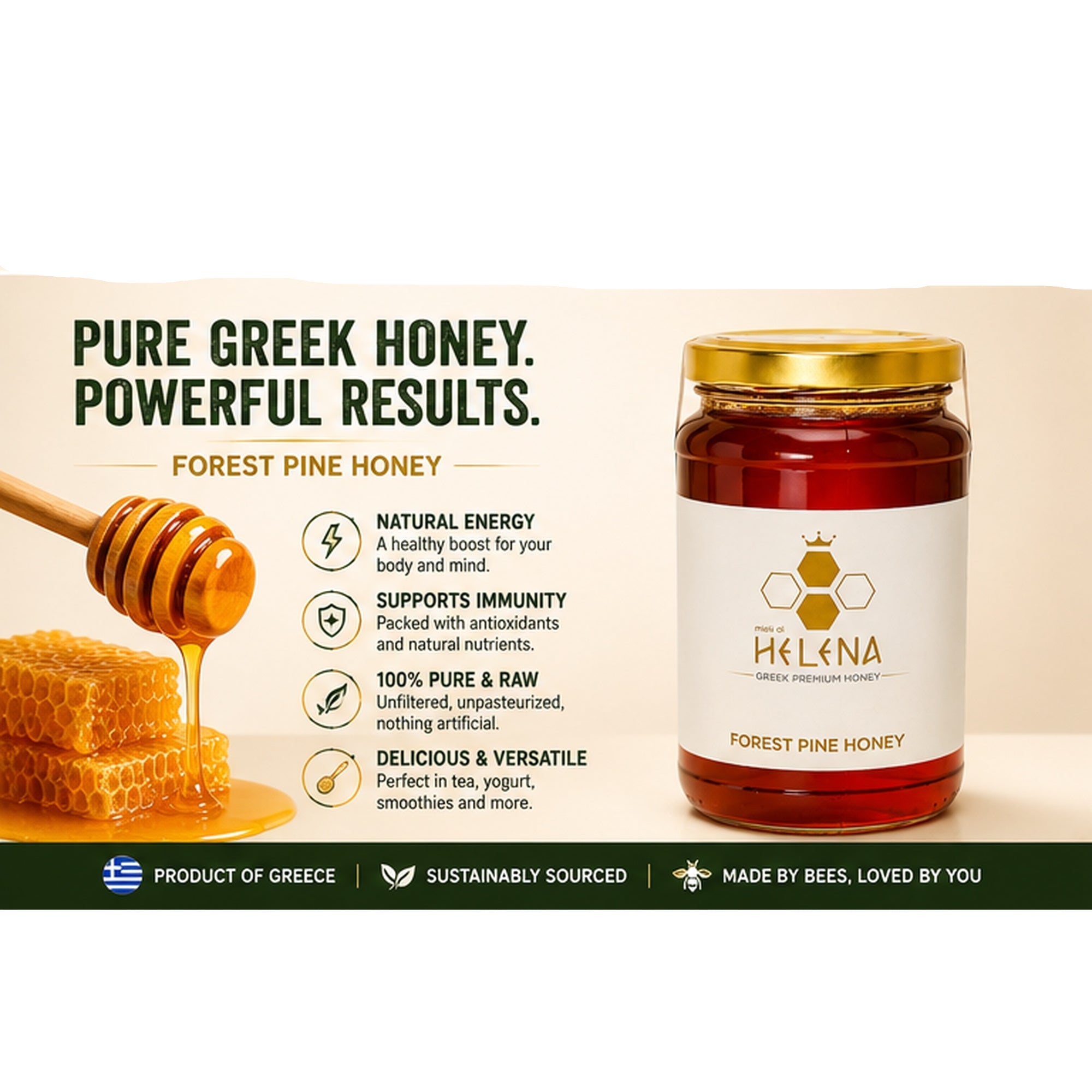 Jar of Helena Forest Pine Honey with honeycomb and dipper on a beige background