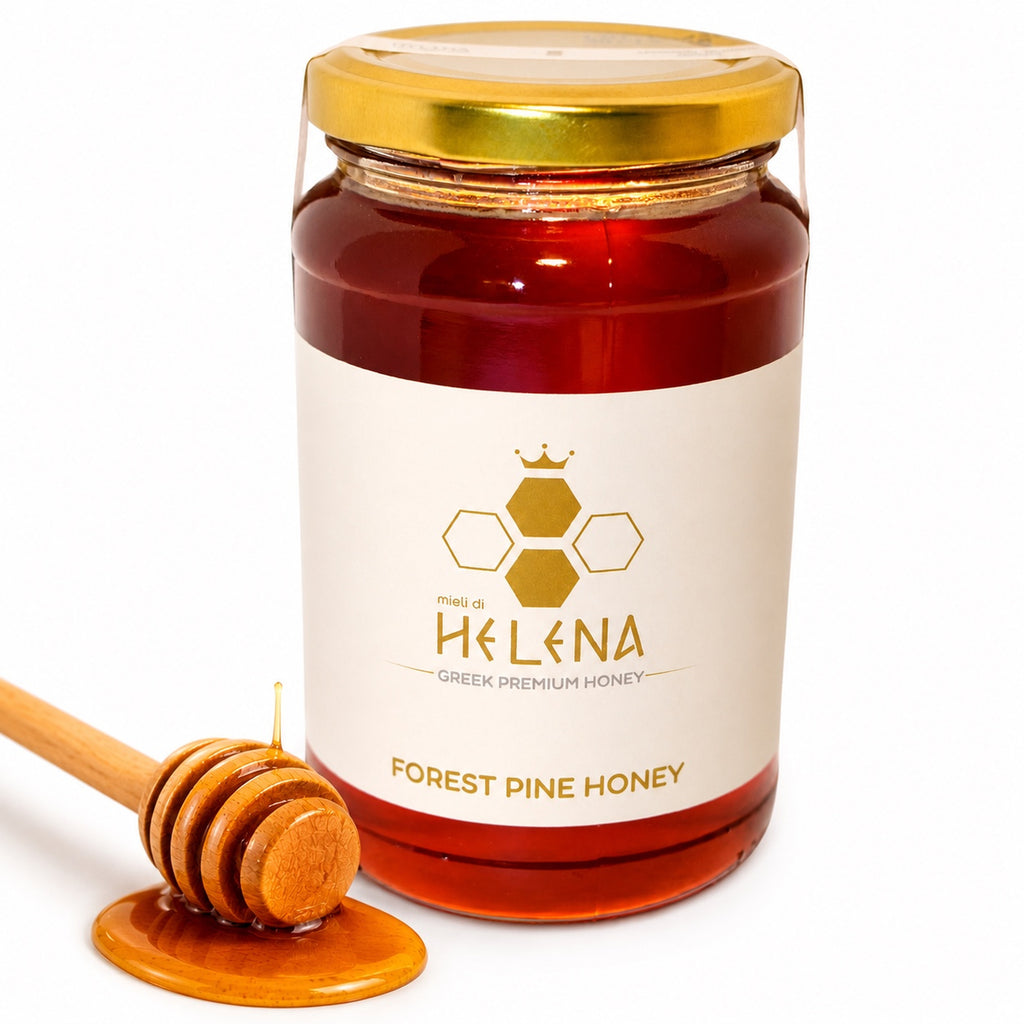 Jar of Helena Forest Pine Honey with a honey dipper on a white background