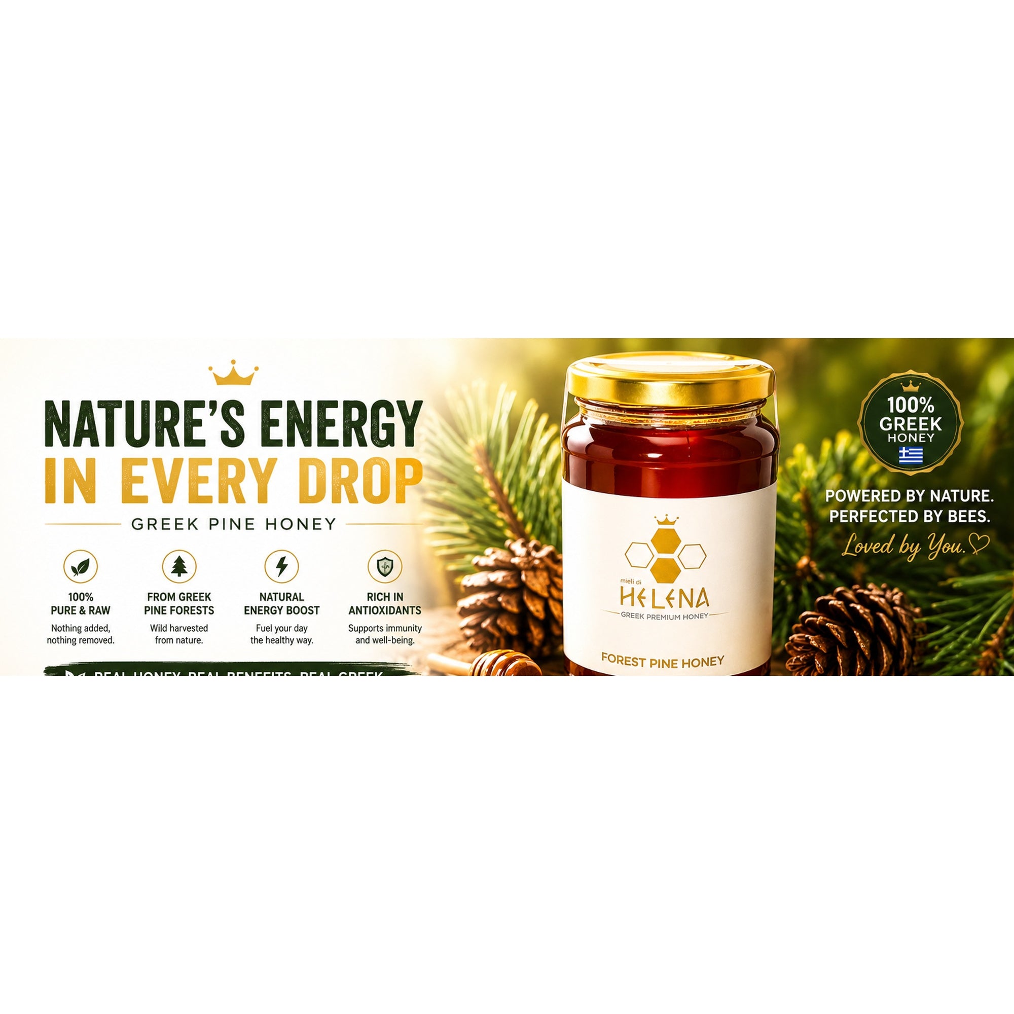 Jar of Helena Forest Pine Honey with pine cones and greenery on a white background