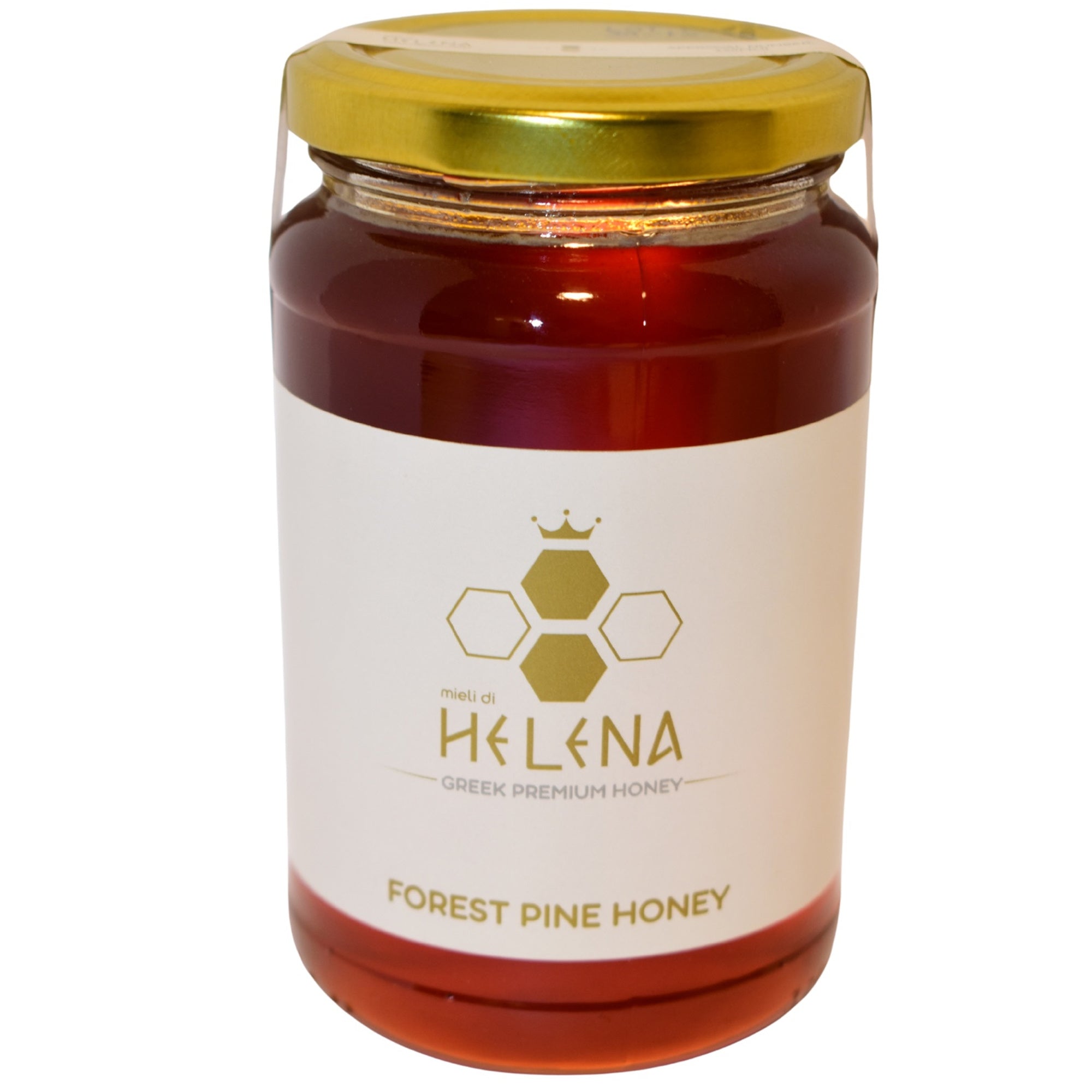 Jar of Helena Forest Pine Honey with a gold lid on a white background