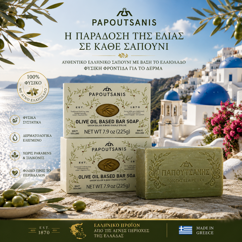 Papoutsanis olive oil soap with Greek architecture in the background