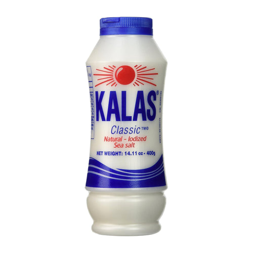 Kalas salt shaker with blue cap on a white background