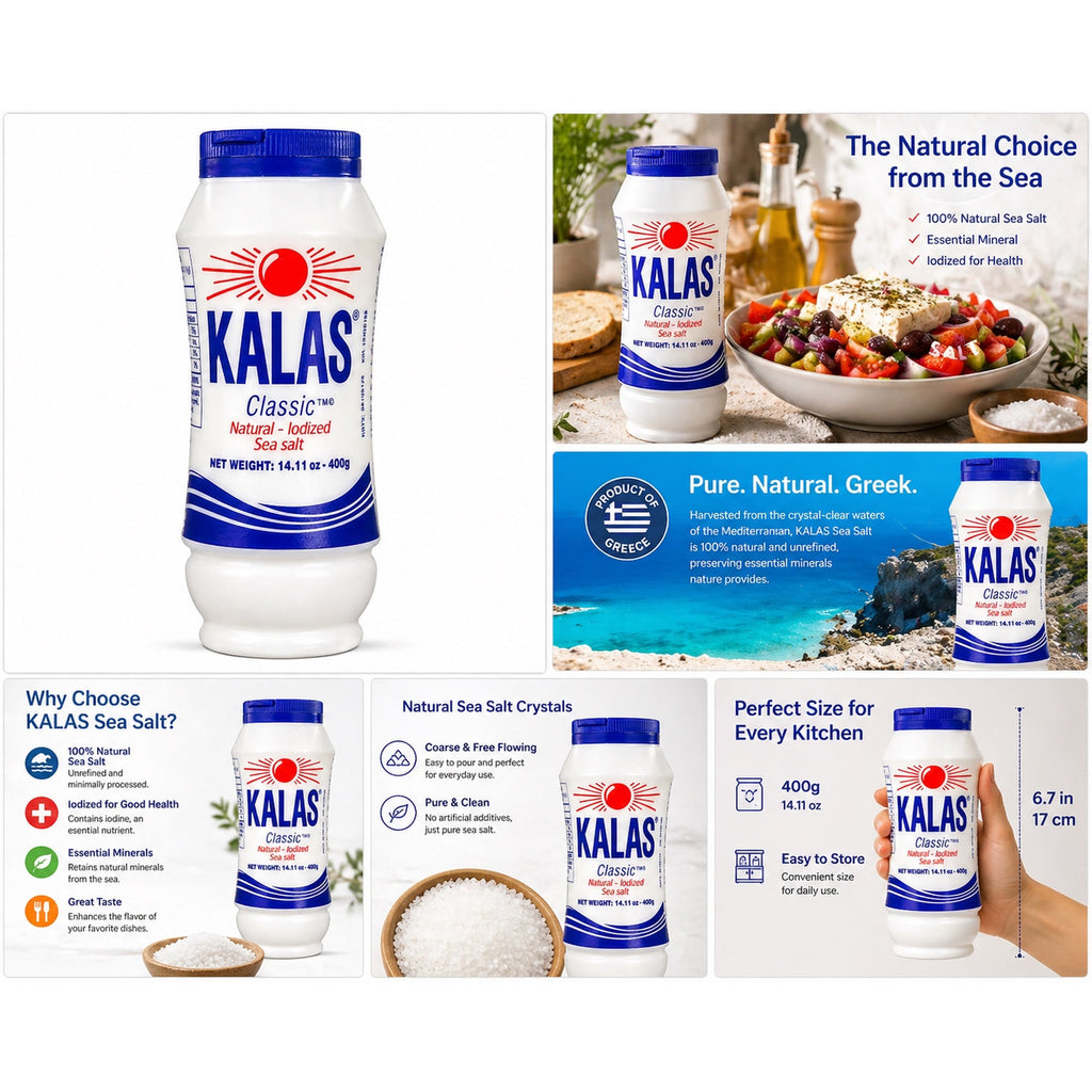Kalas sea salt packaging with various product images and text on a white background