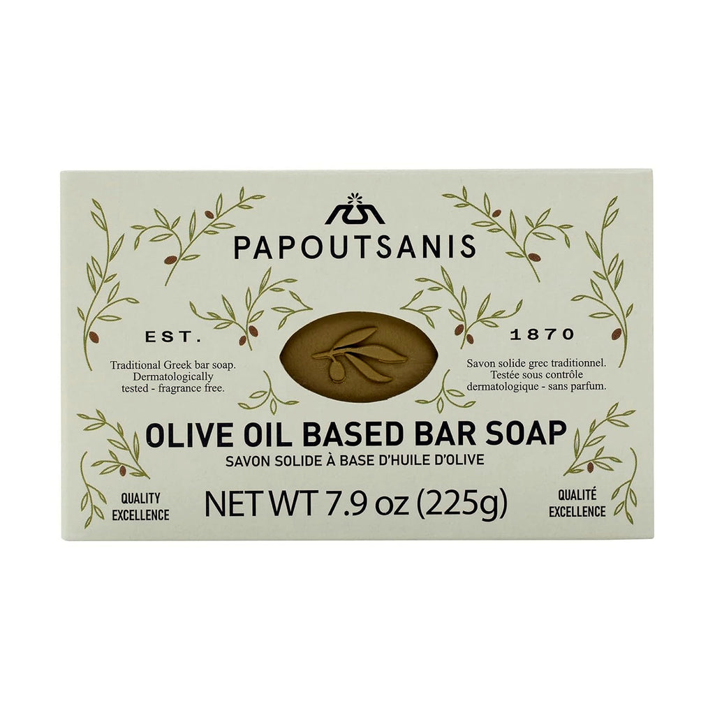 Papoutsanis olive oil-based bar soap packaging on a white background