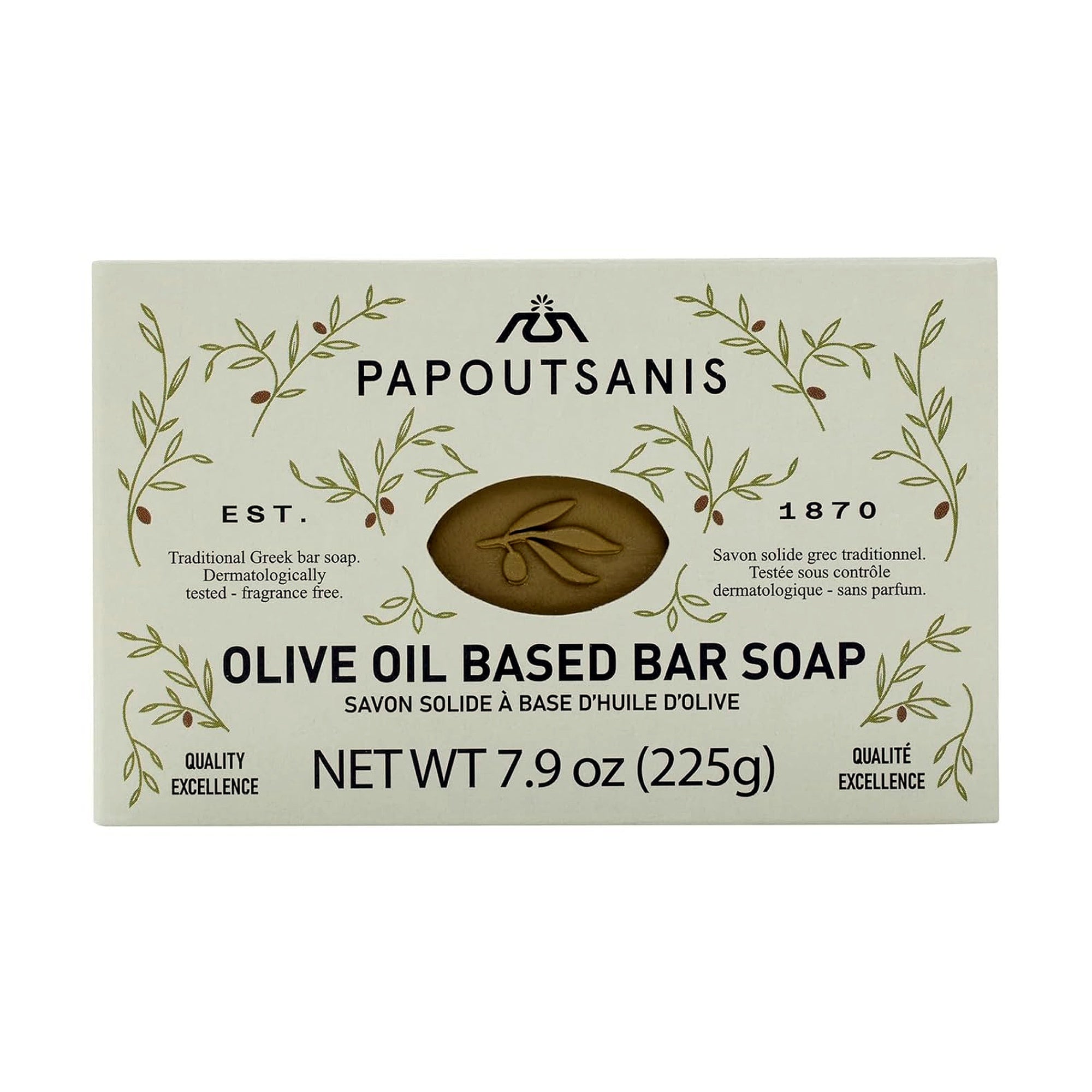 Papoutsanis olive oil-based bar soap packaging on a white background