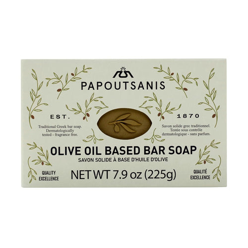 Papoutsanis olive oil-based bar soap packaging on a white background