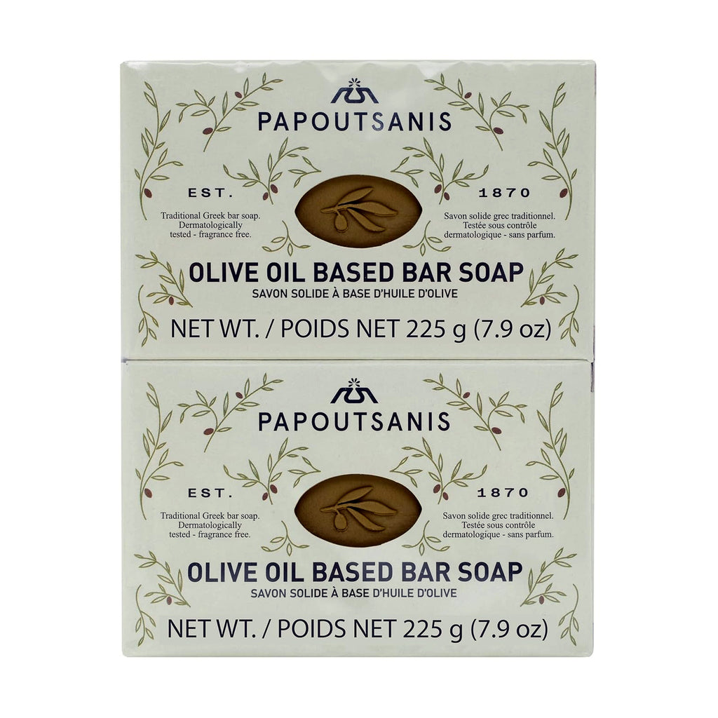 Two boxes of Papoutsanis olive oil-based bar soap on a white background