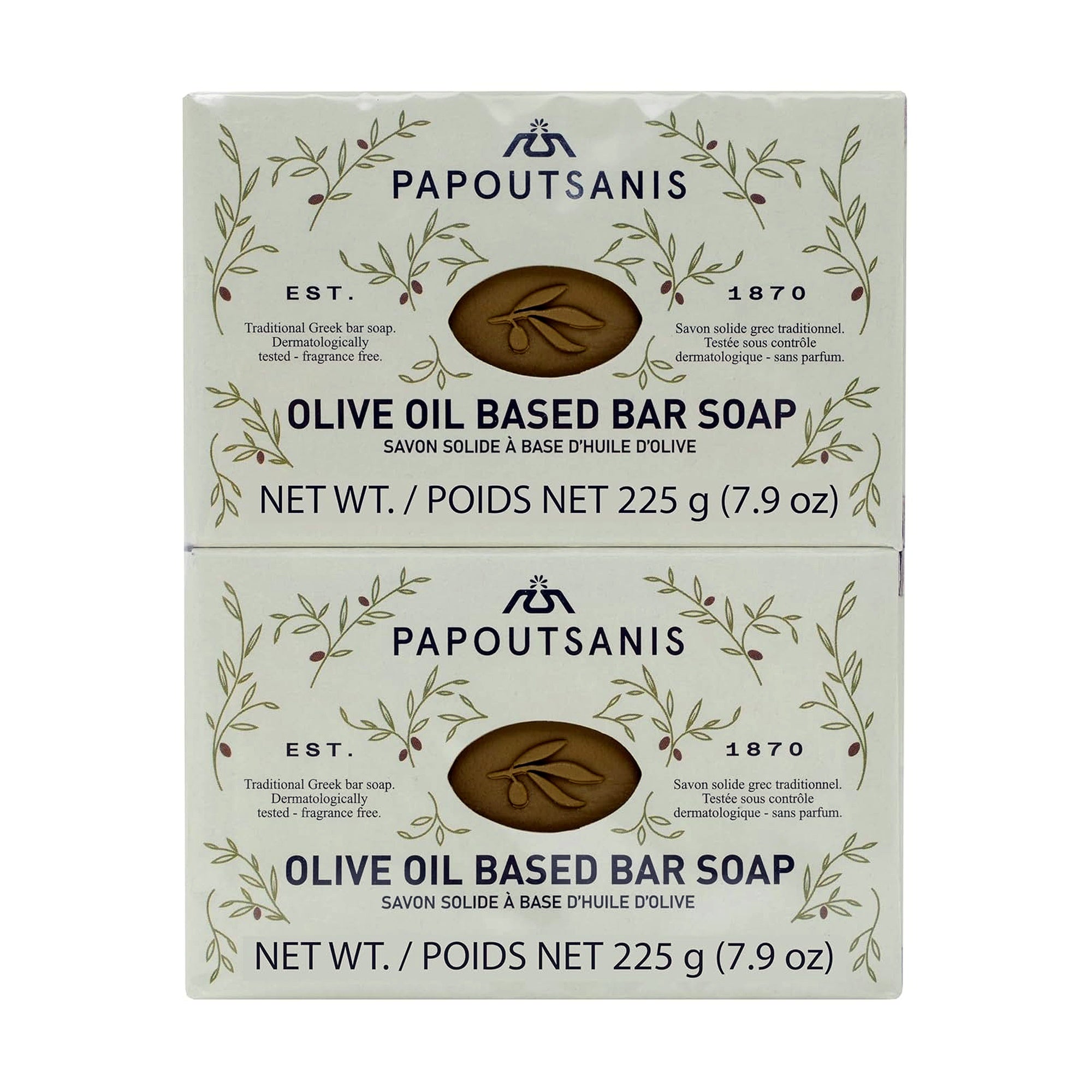 Two boxes of Papoutsanis olive oil-based bar soap on a white background