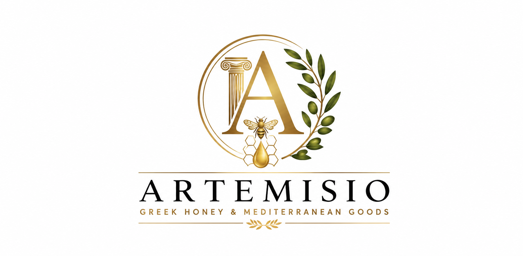 Logo of Artemisio Greek Honey & Mediterranean Goods with a gold letter 'A' and olive branch on a white background.